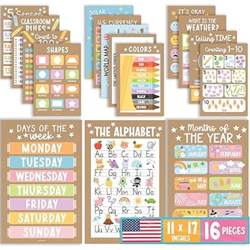 Hadley Designs 16 Educational Posters for Classroom Must Haves - Laminated Pre-K Posters for Toddler Homeschool Essentials, Toddler & Preschool Learning Activities, Kindergarten Classroom Decor