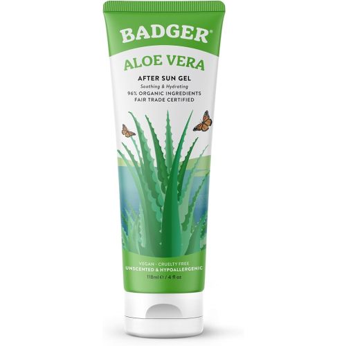 Badger Organic Aloe Vera Gel for Face & Body, 96% Pure Unscented Organic Aloe Gel for Cooling, Soothing, Non-Sticky Sunburn Relief, Vegan, Fair Trade & Hypoallergenic, 4 fl oz