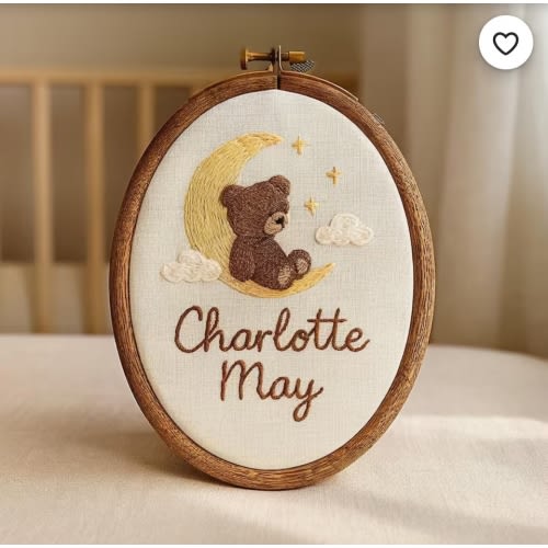 Hand Embroidered Baby Name Hoop: Bear in Hot Air Balloon, Nursery Decor