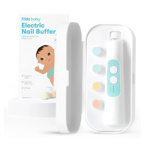 Frida Baby Electric Nail Buffer | Safe + Easy Baby Nail File, Baby Nail Clippers + Nail Trimmer Kit for Newborn, Toddler, Children's Fingernails/Toenails, 4 Buffer Pads, LED Light, Storage Case, White