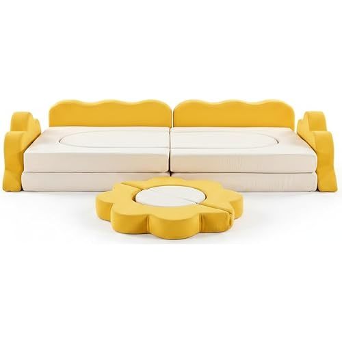 Karl home Kids Couch 12PCS, Modular Kids Play Couch, Indoor Multifunctional Foam Toddler Sofa with Flower Shape, Sectional Convertible Sofa Imaginative Furniture Play Set for Playroom, Yellow & White