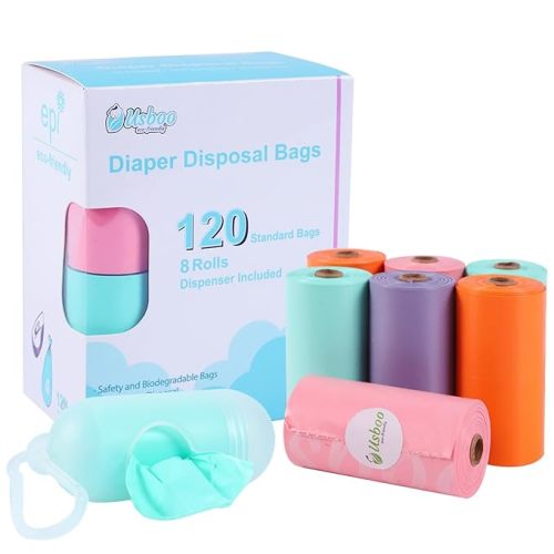 Diaper Bags Disposable for Baby, 8 Refill Rolls/120 Bags Dirty Disposable Diaper Bags with Dispenser, Convenient and Quick Diaper Disposal, Poop Bags,Rainbow