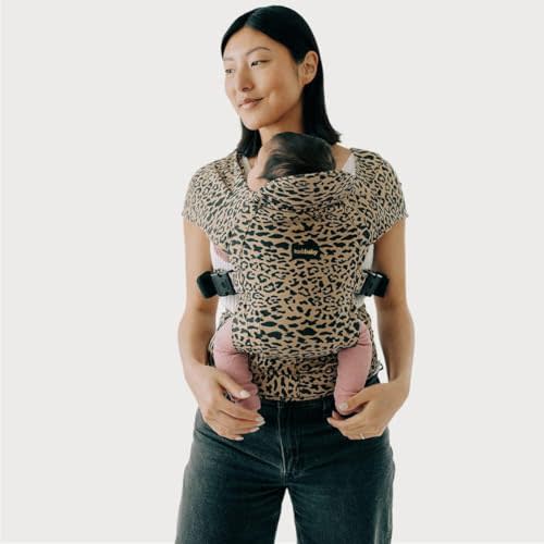 Tushbaby Pearl Wrap Baby Carrier for Newborns 8–20 lbs, Hands-Free Ergonomic Infant Carrier with Storage, Bottle & Wipe Holder, Adjustable Soft Fabric, Cheetah