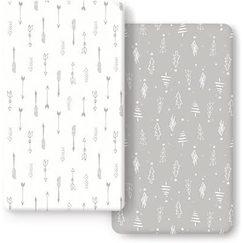 GRSSDER Stretchy Ultra Soft Jersey Knit Fitted Crib Sheets Set 2 Pack, Cozy Crib Sheet Fits All Standard Crib Mattress Pads, Christmas Trees and Arrows
