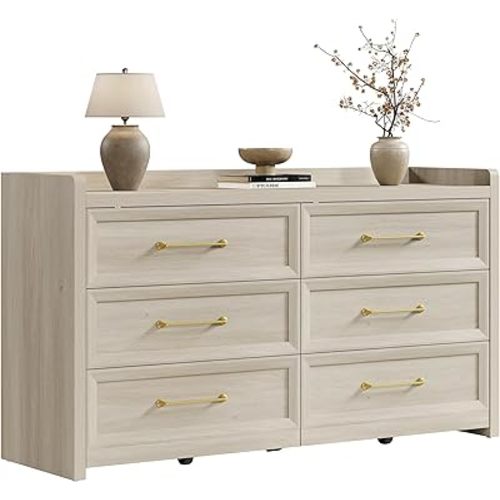 SICOTAS 6 Drawer Dresser for Bedroom-56.4" Extra-Wide Wooden Chest of Drawers with Large Storage, Long Dresser TV Stand with Drawers, Farmhouse Closet Dressers for Nursery Living Room, Grey White Oak