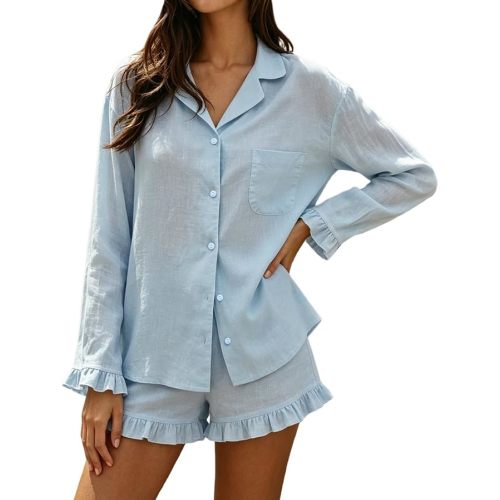 Womens Ruffle Pajama Sets 2 Piece Long Sleeve Button Down Shirt and Shorts Set Cozy Cotton Lounge Set