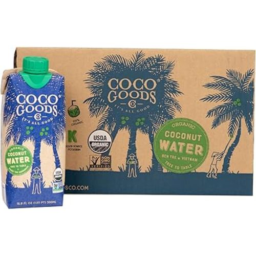 CocoGoodsCo 100% Organic Coconut Water, Single-Origin, One Ingredient, Zero Added Sugar, Non-GMO, Never from Concentrate, Electrolytes 16.9 fl. oz (12 Pack)