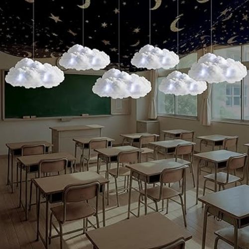6 Set Hanging Cloud LED Lights for Ceiling with 2 Pcs 4.9 x 3.4 ft Wizard Classrooms Halloween Star Night Artificial Cotton Clouds Ceiling Decorations for Halloween Wizard Classrooms