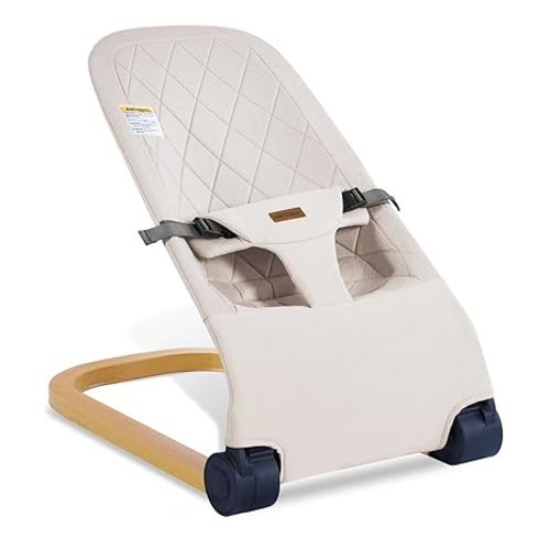 Baby Bouncer,Portable Baby Bouncer Seat & Foldable with 3 Height Adjustments, Ergonomic Bouncer for Babies 0-6 Months, Wood Grain Style, Natural Vibrations, Includes Storage Bag (Beige)
