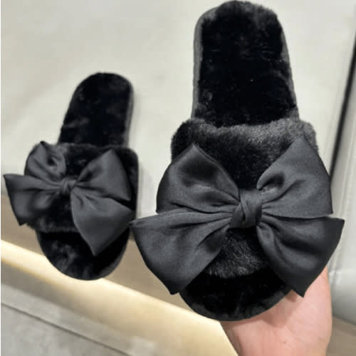 Women's Elegant Velvet Bow Knot Flat Plush Open Toe Slippers, Pink And Black Colors, High Quality TPR Non-Slip Durable Sole, Suitable For Valentine's Day, Party And Home Use