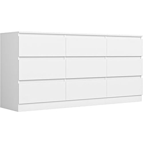Vibe & Dine White Dresser 9 Drawer, Modern Long Dresser for Bedroom, Wood Chest of Drawers with Wide Storage for Living Room