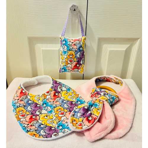 Care Bears Baby Gift Set ~ Handmade Dribble Bib & Natural Wood Teether ~ 3-Layer Bib with Bunny Ear Teething Ring
