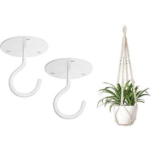 Mkono Macrame Indoor Hanging Planter Basket and Ceiling Hooks, Ivory