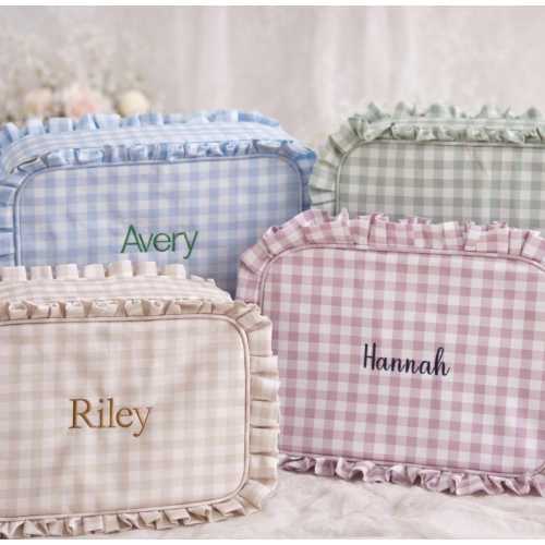 Personalized Ruffle Cosmetic Toiletry Bag Gingham Cosmetic Bag Custom name ruffle makeup bag Bridesmaid Gift for her Baby Pouches