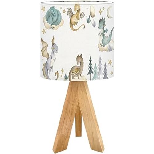 Tripod Bedside Desk Table Lamp Dragon Baby Animals Watercolor Wood Nightstand Lamp with Linen Fabric Shade for Nursery Bedroom Living Room Kids Room