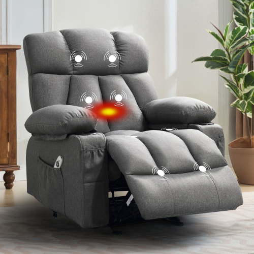 JONPONY Manual Recliner Chair with Heat Massage Function, Grey, 3-Position Adjustable Recliner with Cup Holders