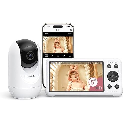 Momcozy Smart WiFi Baby Monitor with APP Control, 5" 1080P Camera, Auto Motion/Cry Alerts, Safe Zone, 2-Way Talk, Night Vision, Local & Remote Monitoring
