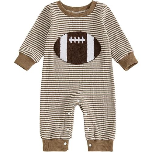Karuedoo Newborn Baby Boy Girl Football Outfit Rugby Embroidery Stripe Romper Waffle Knit Long Sleeve Jumpsuit Fall Clothes