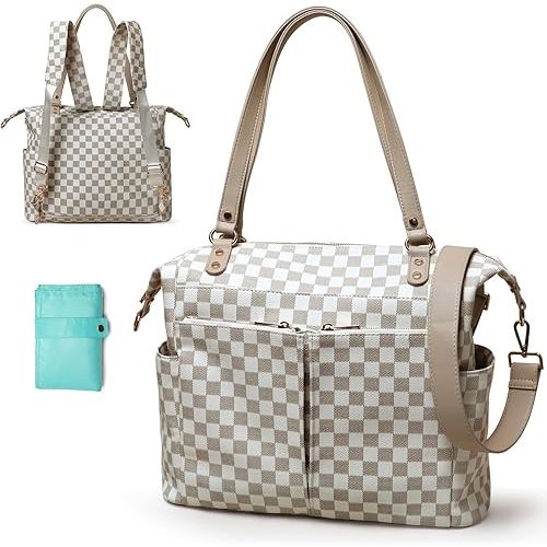 MOMINSIDE Checkered Diaper Bag Backpack Diaper Bag Tote with 14 Pockets, Plaid Tote Bag 4 in 1 Leather Checkered Bag for Boys Girls, Changing Pad, 4 Large Insulated Pockets(beige&honey)