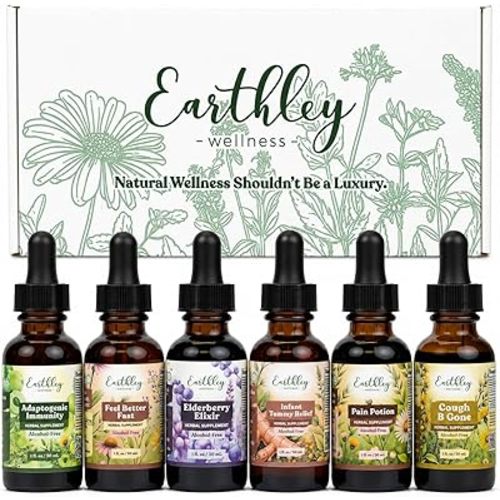 Earthley Wellness Family Organic Herbal Tincture Set, Cough Support Bundle with Elderberry, Cough, Feel Better Fast and More, Alcohol Free Formulas, Carry Bag Included (6 Set, Organic Herbal Formulas)