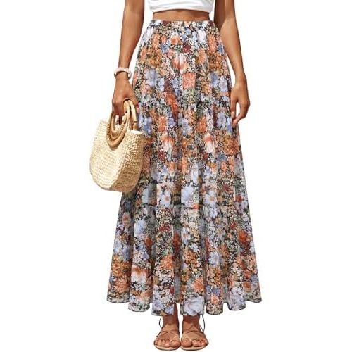 Women's Chiffon Pleated Maxi Skirt Elastic High Waisted Boho A-Line Fall Flowy White Long Skirts with Lining