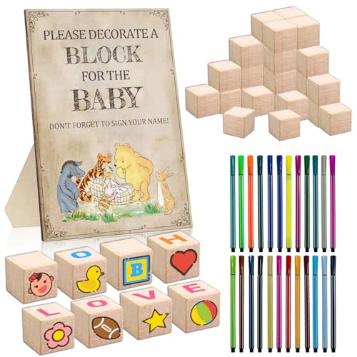 Vintage Winnie Baby Shower Blocks to Decorate, the Pooh Baby Blocks for Baby Shower, Includes 1 Block Sign, 30 Blank Baby Blocks and 24 Painting Pens, DIY Wooden Blocks Great for Baby Shower Party