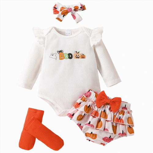 REgarm My 1st Halloween Baby Girl Outfits Letter Ghost Pumpkin Print Romper Suspender Skirts Headband Socks 4Pcs Set,0-3 Months