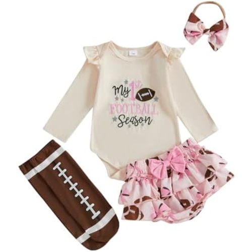 Fufuriprefer Infant Baby Girl Football Outfit Game Day Rugby Print Long Sleeve Romper Skirt + Socks + Headband Clothes Set