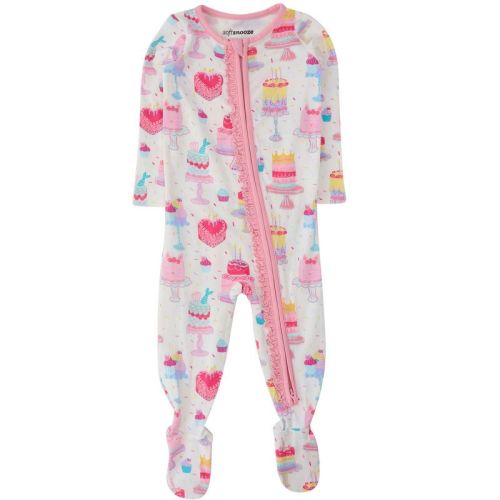 RuffleButts Baby Girls Modal Blend Ruffle One Piece Footie Pajamas - Cake Party, 3-6m