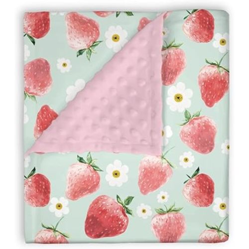 Mink Baby Girls Blanket Sweet Strawberry Floral, Watercolor Fruit Flower Soft Double Layer Dotted Backing Receiving Blankets, Pink Green Newborn Infant Toddler Nursery Crib Bedding 30" x 40"