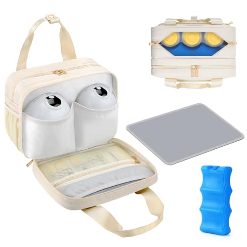 PIIOSER Breastmilk Cooler Travel Bag with Ice Pack, Compatible with Wearable Breast Pumps & Accessories - Portable Hands Free Breast Pump Carrying Case for Nursing & Working Moms, Cream