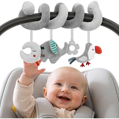 FPVERA Car Seat Toys for Babies 0-6 Months: Travel Baby Toy for Soft Hanging Toys for Carseat, Spiral Stroller Activity Toy Plush for Infant Boys Girls, Grey Elephant
