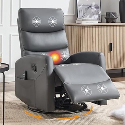 Manual Swivel Rocker Recliner Chair for Adults, Overstuffed Reclining Glider Chair for Nursing with Vibration Massage & Heat, Living Room Rocking Recliner 3-Stage backrest, Faux Leather Gray