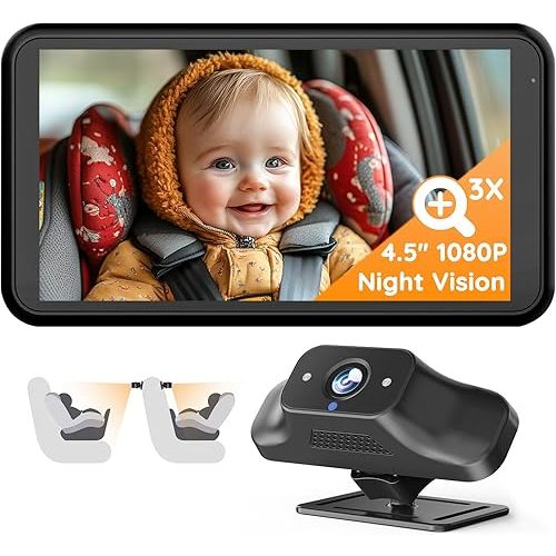 BC1 Baby Car Camera, 4.5" 1080P HD Screen & 3X Zoom, IR Night Vision Car Baby Monitor with Adjustable Brightness, Easy Install Car Seat Camera for Babies & Pets to Drive Safely