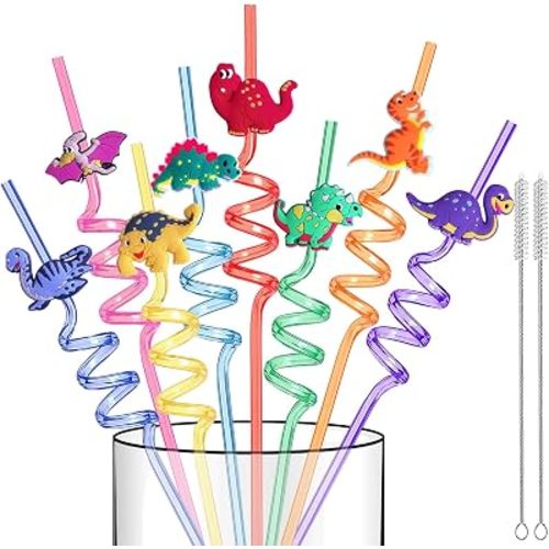 16 PCS Reusable Dinosaur Curly Drinking Straws Jungle Party Favors