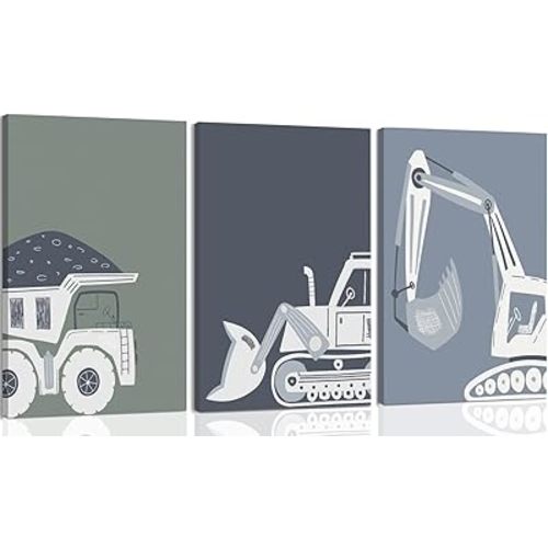 Construction Truck Kids Room Wall Art Deco Bulldozer Pictures Tractor Vehicle Poster Dump Truck Wall Art Boy Room Canvas Wall Decoration Baby Room Print Boy Bedroom 12x16 Inch 3 Piece Wrap Canvas