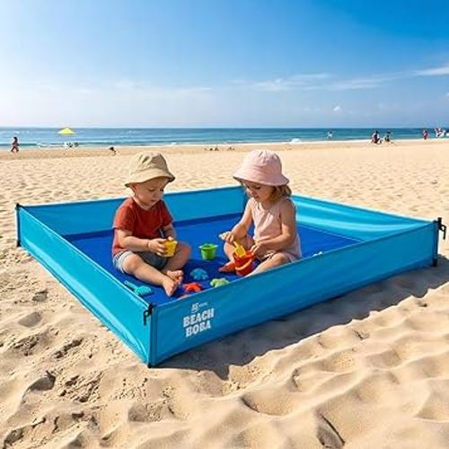 BeachBoba Sandproof Beach Blanket - Outdoor Playpen Sheet with Side Walls and Stakes to Keep Sand Out (Blue)