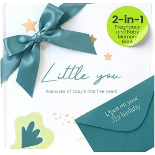 Baby Books Keepsake - Diario de embarazo y libro de recuerdos álbum de recortes de recién nacidos hasta los 5 años - Bolsillos para libros de fotos, caja de regalo y carta para abrir a los 21 años, regalo para bebés para niños y niñas, 120 páginas