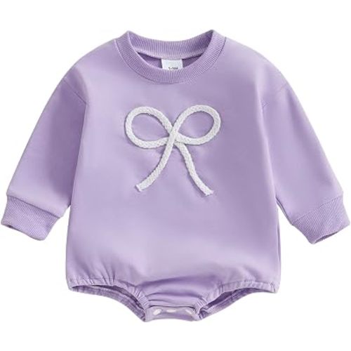 Newborn Baby Girl Fall Outfit Bow Oversized Sweatshirt Bubble Romper Long Sleeve Sweater Bodysuit One-Piece Jumpsuit