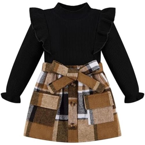 Weixinbuy Toddler Girl Fall Winter Clothes Solid Long Sleeve Ribbed T-Shirt Knit Tops Plaid Button Mini Skirts Set Outfits