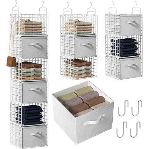 Closet Hanging Organizer with Drawers, 6 Tier Metal Closet Organizers and Storage with 4 Hanging Hooks 4 S-Hooks for Wardrobe Laundry Room, Wire Storage Shelf for Clothes Sweaters Pants (White)