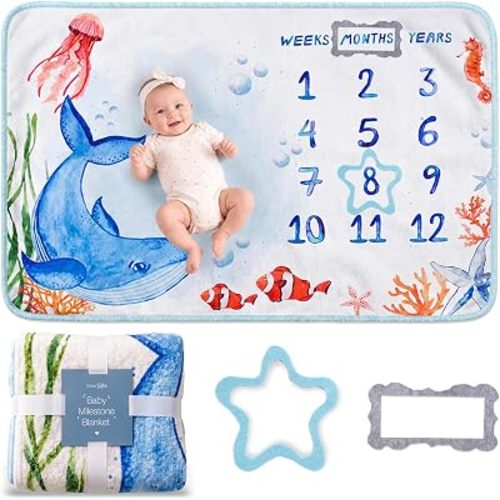Baby Milestone Blanket| Original Design Baby Monthly Milestone Blanket Boy Girl|Baby Photography Props Blanket| 60'x40' Ocean World