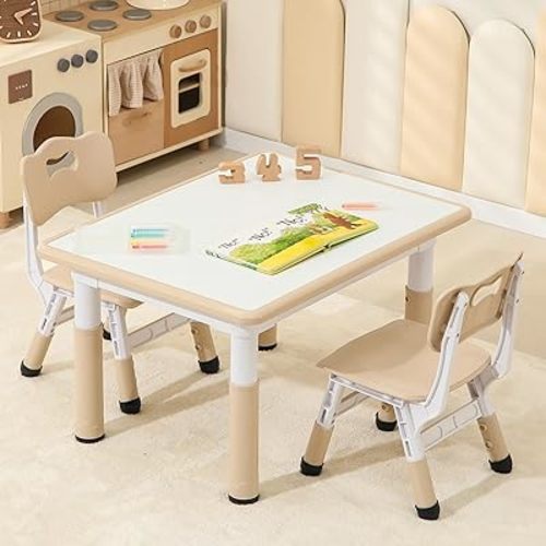 Hulaibit Toddler Table and 2 Chairs, Height-Adjustable Kids Table and Chairs Set, 31.5''L x 23.6''W Children Activity Table for Boys and Girls Aged 3-8