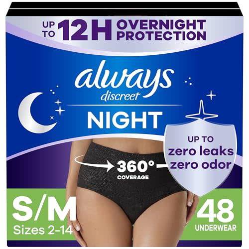 Always Discreet Adult Incontinence Overnight Underwear for Women, Small/Medium, Up to 100% Bladder Leak Protection, 48 Count (3 Packs of 16)