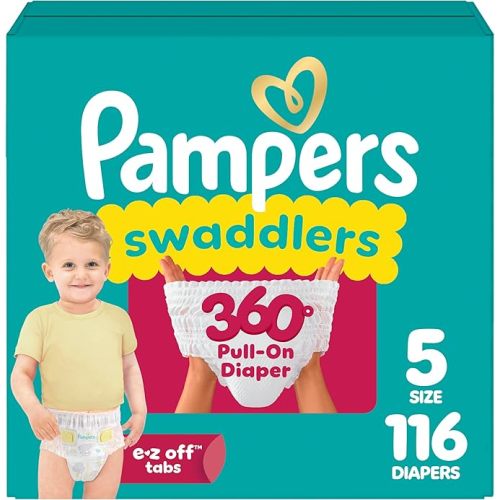 Pampers Diapers - Swaddlers 360° - Size 5, 116 Count, up to 100% Leakproof Comfy Dry Fit, Designed for Easy Changes, Pull On Baby Diaper (Packaging May Vary)