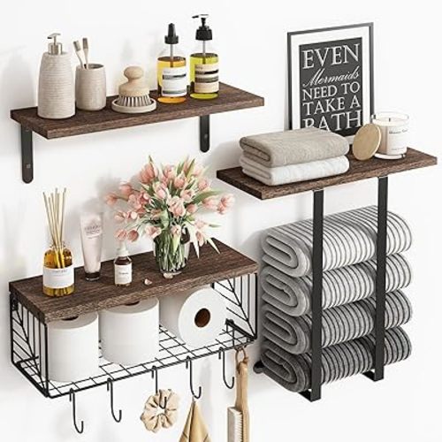 Fixwal Bathroom Floating Shelves Over Toilet Wall Shelves Set with Towel Storage Rack for Bathroom Organization & Wall Decor(Brown)