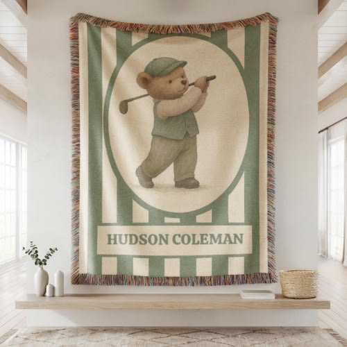 Personalized Golf Baby Blanket – Woven Teddy Bear Name Throw, Sage Preppy Nursery Decor, Little Golfer Gift