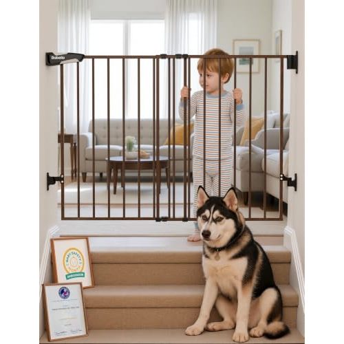 Babelio No Bottom Bar Baby Gate, 28" H x 26-43" W, Black Wood Pattern | Easy Install| One-handed Opening| Auto-close| Drill Needed Indoor Safety Dog/Pet Gate for Stairs, Hallways & Doorways
