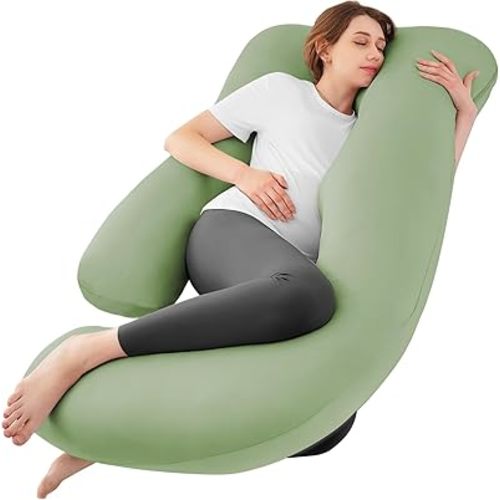 Sasttie Pregnancy Pillows for Sleeping, U Shaped Cooling Full Body Pillow with Removable Cover, Pregnant Women Must Haves, Maternity Essential, Green