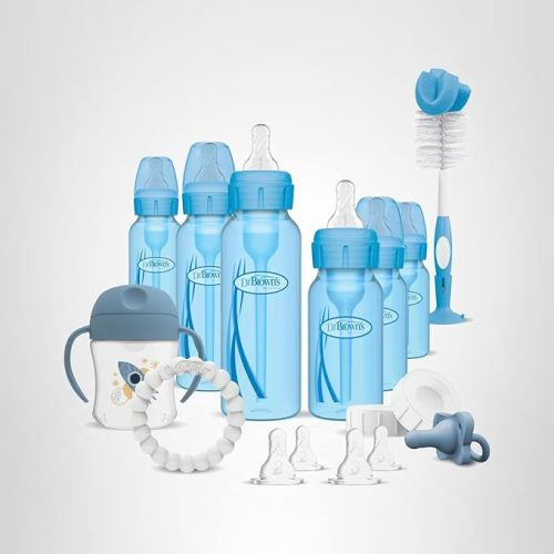 Dr. Brown's Natural Flow Anti-Colic Options+ Special Edition Blue Baby Bottle Gift Set with Soft Sippy Spout Transition Cup, Flexees Teether, Bottle Cleaning Brush and Travel Caps